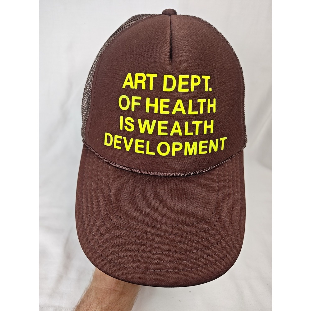 Petals And Peacocks Trucker hat Brown yellow Art Dept Of Health Is Wealth Dev.